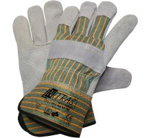 1312, size 10   cow split leather gloves, green/red/yellow